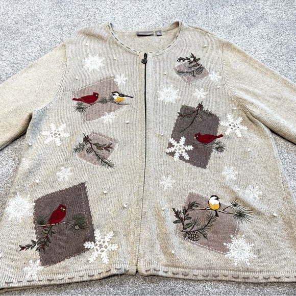Croft & Barrow Beige Bird embroidery Silk Blended Cardigan Holiday Quirky - Picture 6 of 8